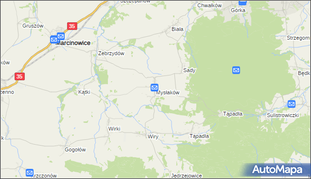 mapa Mysłaków gmina Marcinowice, Mysłaków gmina Marcinowice na mapie Targeo