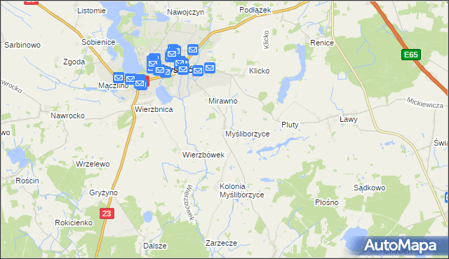 mapa Myśliborzyce gmina Myślibórz, Myśliborzyce gmina Myślibórz na mapie Targeo