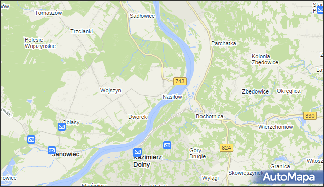 mapa Nasiłów gmina Janowiec, Nasiłów gmina Janowiec na mapie Targeo