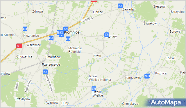 mapa Niwki gmina Kłomnice, Niwki gmina Kłomnice na mapie Targeo