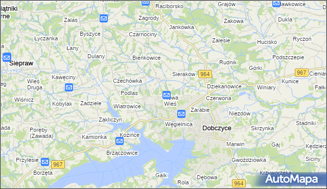 mapa Nowa Wieś gmina Dobczyce, Nowa Wieś gmina Dobczyce na mapie Targeo