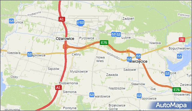 mapa Nowa Wieś gmina Mierzęcice, Nowa Wieś gmina Mierzęcice na mapie Targeo