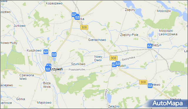 mapa Nowy Dwór gmina Krzywiń, Nowy Dwór gmina Krzywiń na mapie Targeo