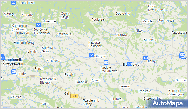 mapa Olszyny gmina Rzepiennik Strzyżewski, Olszyny gmina Rzepiennik Strzyżewski na mapie Targeo