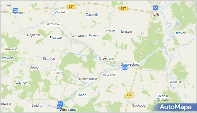 mapa Orzechów gmina Wierzbno, Orzechów gmina Wierzbno na mapie Targeo