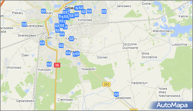 mapa Osiniec gmina Gniezno, Osiniec gmina Gniezno na mapie Targeo