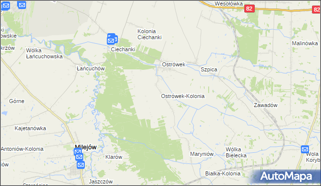 mapa Ostrówek-Kolonia gmina Milejów, Ostrówek-Kolonia gmina Milejów na mapie Targeo