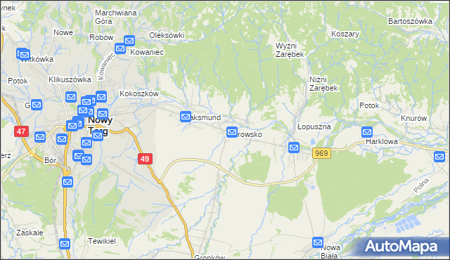 mapa Ostrowsko gmina Nowy Targ, Ostrowsko gmina Nowy Targ na mapie Targeo