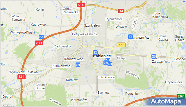 mapa Pabianic, Pabianice na mapie Targeo