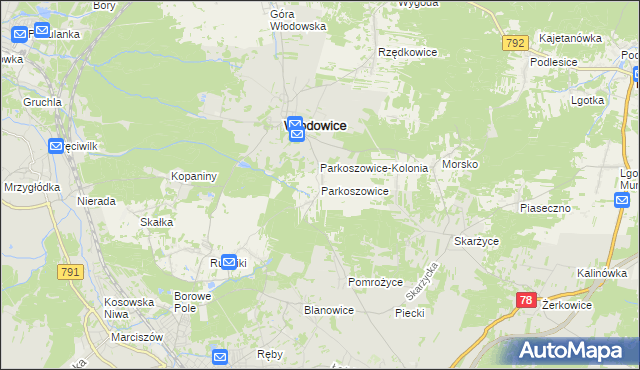 mapa Parkoszowice gmina Włodowice, Parkoszowice gmina Włodowice na mapie Targeo