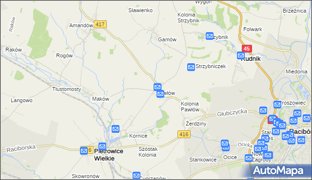 mapa Pawłów gmina Pietrowice Wielkie, Pawłów gmina Pietrowice Wielkie na mapie Targeo