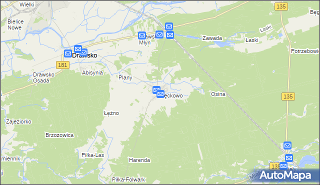 mapa Pęckowo gmina Drawsko, Pęckowo gmina Drawsko na mapie Targeo