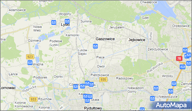 mapa Piece gmina Gaszowice, Piece gmina Gaszowice na mapie Targeo