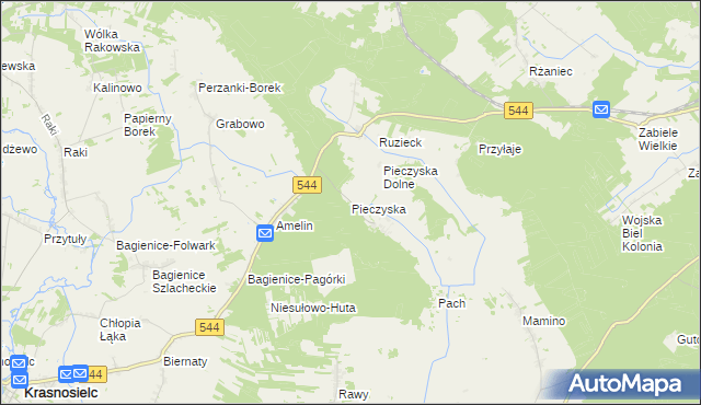 mapa Pieczyska gmina Krasnosielc, Pieczyska gmina Krasnosielc na mapie Targeo