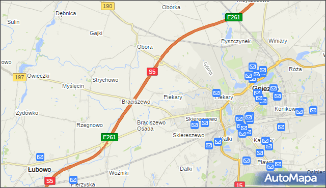 mapa Piekary gmina Gniezno, Piekary gmina Gniezno na mapie Targeo