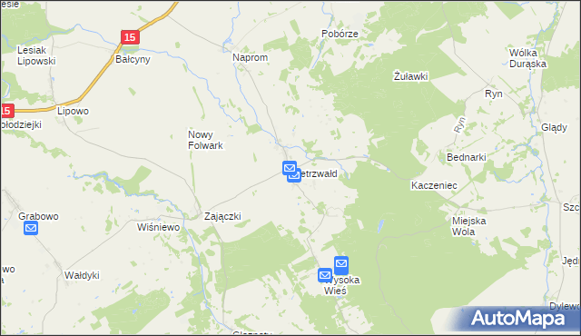 mapa Pietrzwałd gmina Ostróda, Pietrzwałd gmina Ostróda na mapie Targeo