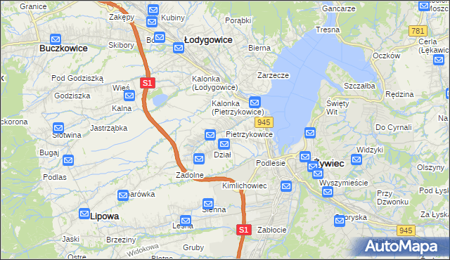 mapa Pietrzykowice gmina Łodygowice, Pietrzykowice gmina Łodygowice na mapie Targeo