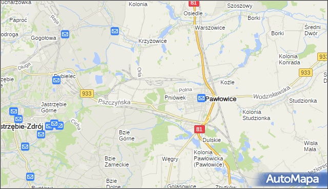 mapa Pniówek gmina Pawłowice, Pniówek gmina Pawłowice na mapie Targeo