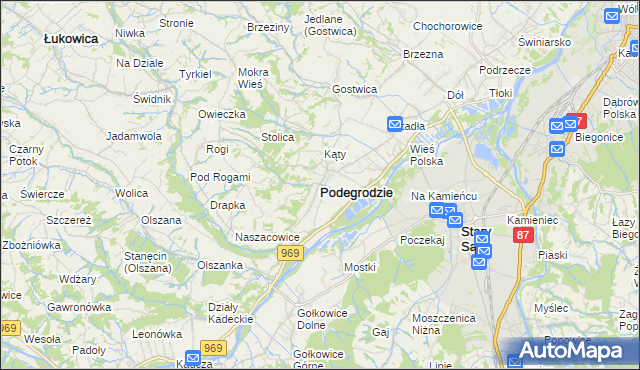 mapa Podegrodzie powiat nowosądecki, Podegrodzie powiat nowosądecki na mapie Targeo