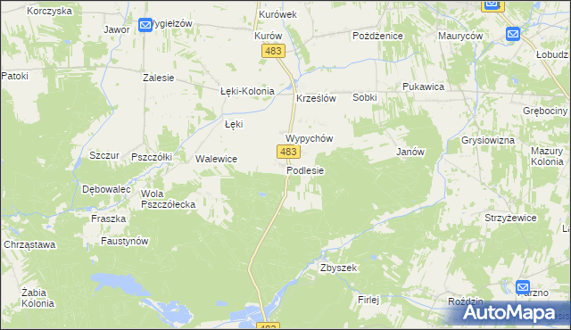mapa Podlesie gmina Zelów, Podlesie gmina Zelów na mapie Targeo