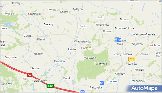 mapa Podłęże gmina Świnice Warckie, Podłęże gmina Świnice Warckie na mapie Targeo