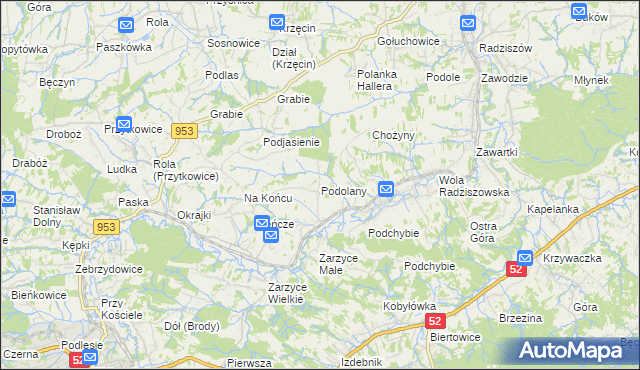 mapa Podolany gmina Kalwaria Zebrzydowska, Podolany gmina Kalwaria Zebrzydowska na mapie Targeo