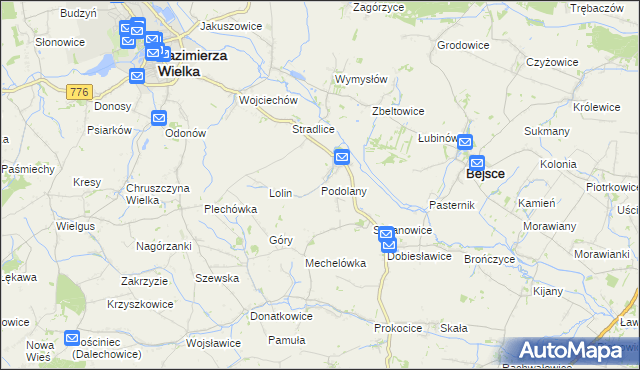 mapa Podolany gmina Kazimierza Wielka, Podolany gmina Kazimierza Wielka na mapie Targeo