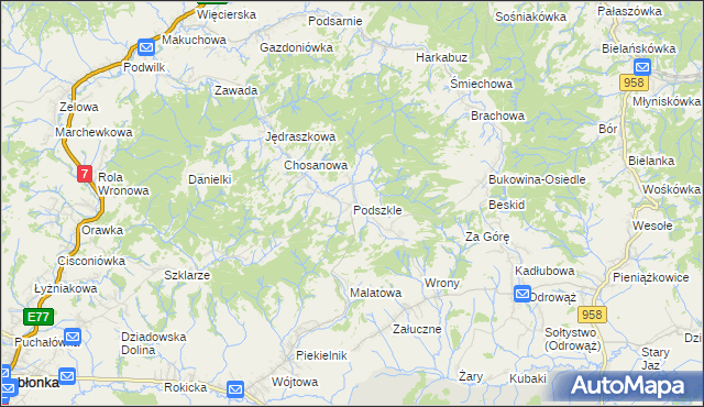 mapa Podszkle gmina Czarny Dunajec, Podszkle gmina Czarny Dunajec na mapie Targeo
