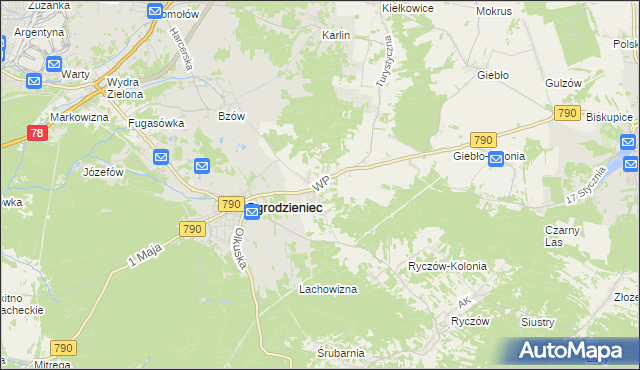 mapa Podzamcze gmina Ogrodzieniec, Podzamcze gmina Ogrodzieniec na mapie Targeo