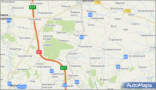mapa Polanowice gmina Słomniki, Polanowice gmina Słomniki na mapie Targeo
