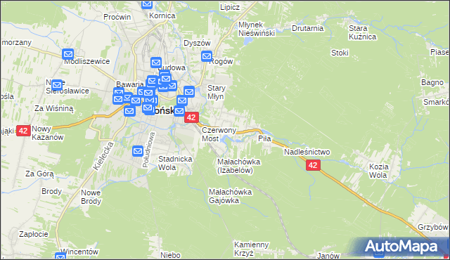 mapa Pomyków gmina Końskie, Pomyków gmina Końskie na mapie Targeo