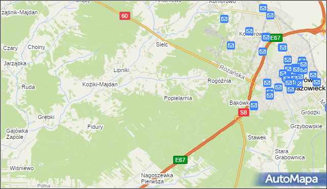 mapa Popielarnia gmina Ostrów Mazowiecka, Popielarnia gmina Ostrów Mazowiecka na mapie Targeo