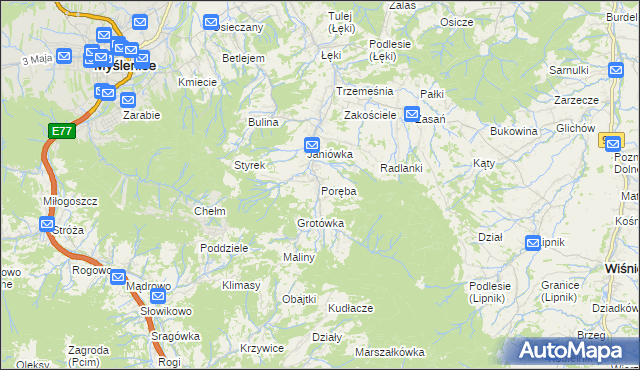 mapa Poręba gmina Myślenice, Poręba gmina Myślenice na mapie Targeo