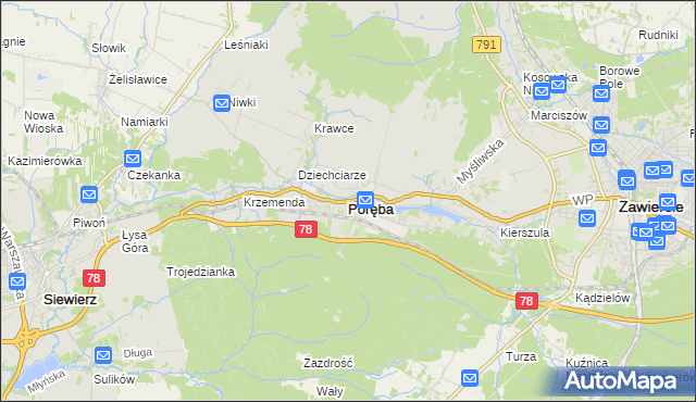 mapa Poręba powiat zawierciański, Poręba powiat zawierciański na mapie Targeo