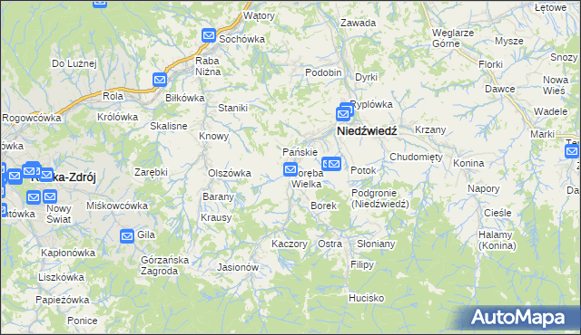 mapa Poręba Wielka gmina Niedźwiedź, Poręba Wielka gmina Niedźwiedź na mapie Targeo