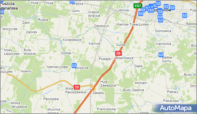 mapa Powązki gmina Mszczonów, Powązki gmina Mszczonów na mapie Targeo