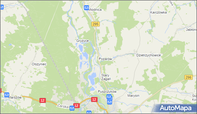 mapa Pożarów gmina Żagań, Pożarów gmina Żagań na mapie Targeo