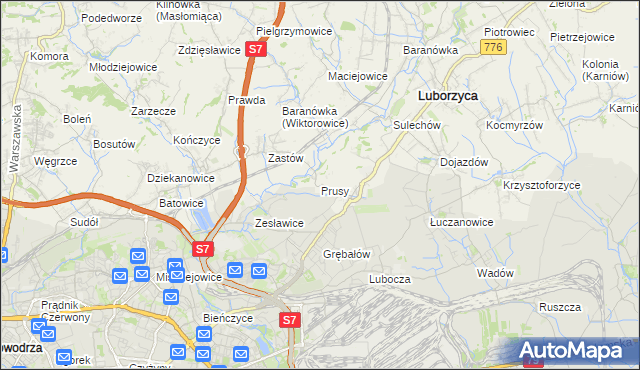 mapa Prusy gmina Kocmyrzów-Luborzyca, Prusy gmina Kocmyrzów-Luborzyca na mapie Targeo