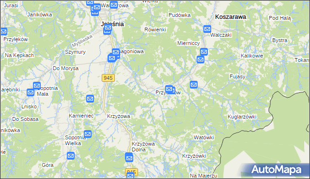 mapa Przyborów gmina Jeleśnia, Przyborów gmina Jeleśnia na mapie Targeo