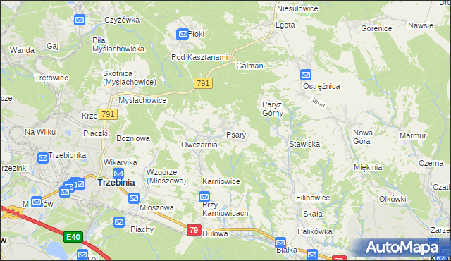 mapa Psary gmina Trzebinia, Psary gmina Trzebinia na mapie Targeo