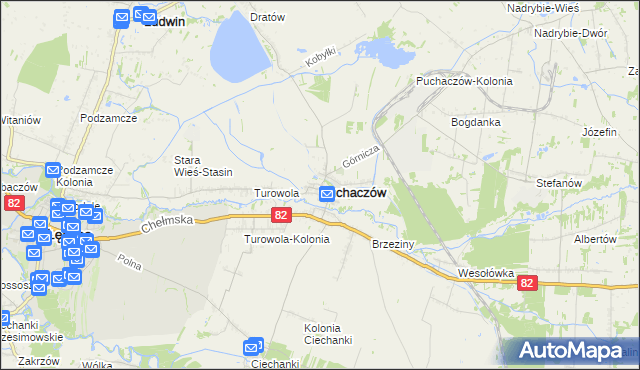 mapa Puchaczów powiat łęczyński, Puchaczów powiat łęczyński na mapie Targeo