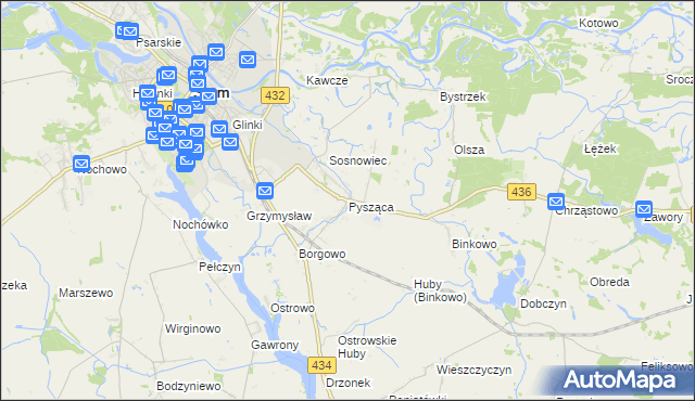 mapa Pysząca gmina Śrem, Pysząca gmina Śrem na mapie Targeo