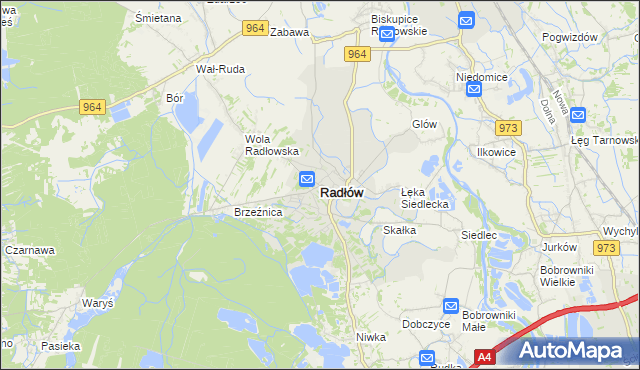 mapa Radłów powiat tarnowski, Radłów powiat tarnowski na mapie Targeo
