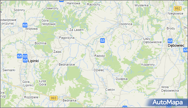 mapa Radość gmina Dębowiec, Radość gmina Dębowiec na mapie Targeo