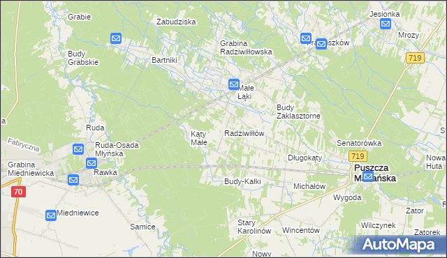 mapa Radziwiłłów gmina Puszcza Mariańska, Radziwiłłów gmina Puszcza Mariańska na mapie Targeo