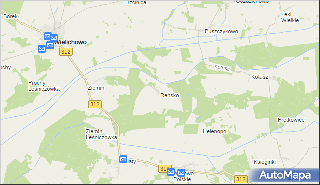 mapa Reńsko gmina Wielichowo, Reńsko gmina Wielichowo na mapie Targeo