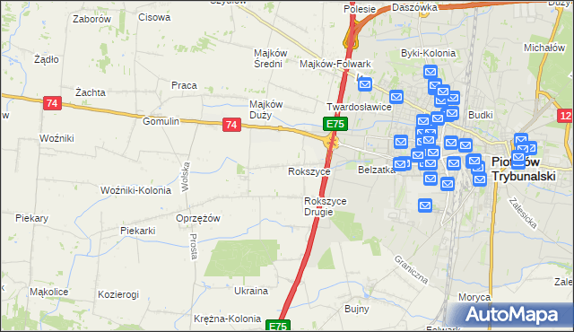 mapa Rokszyce gmina Wola Krzysztoporska, Rokszyce gmina Wola Krzysztoporska na mapie Targeo