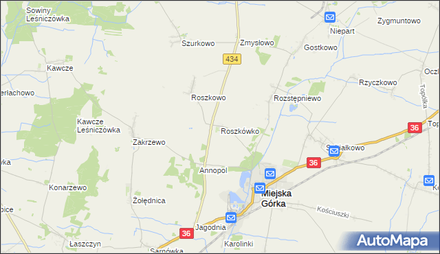 mapa Roszkówko gmina Miejska Górka, Roszkówko gmina Miejska Górka na mapie Targeo
