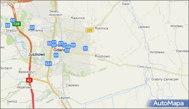 mapa Roszkowo gmina Pruszcz Gdański, Roszkowo gmina Pruszcz Gdański na mapie Targeo