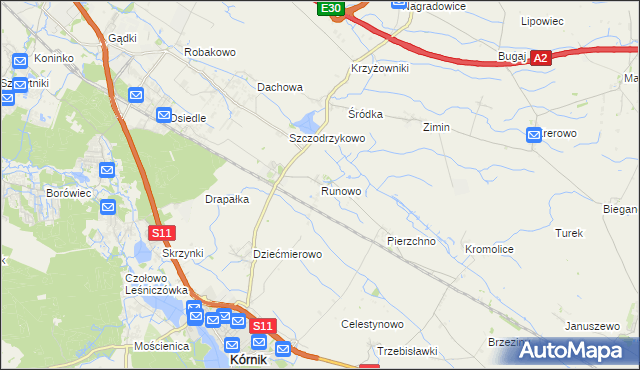 mapa Runowo gmina Kórnik, Runowo gmina Kórnik na mapie Targeo